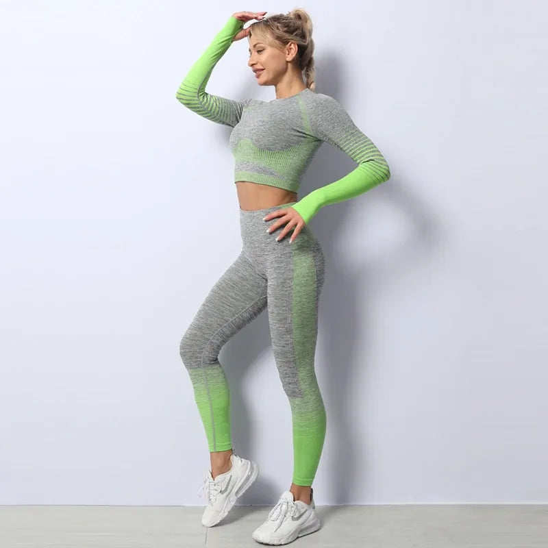 Seamless Ombre Long Sleeve and High-Waisted Set