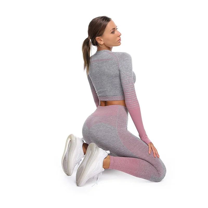 Seamless Ombre Long Sleeve and High-Waisted Set