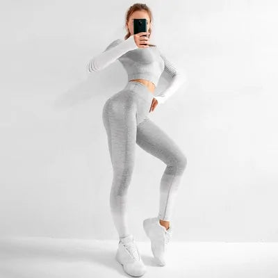 Seamless Ombre Long Sleeve and High-Waisted Set