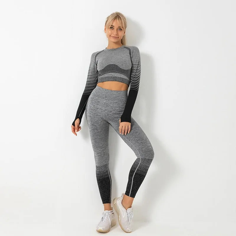 Seamless Ombre Long Sleeve and High-Waisted Set